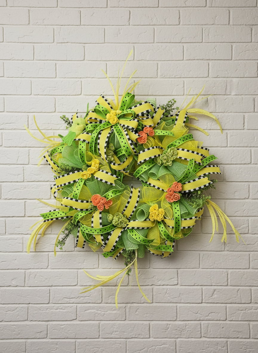 Zesty Lime Garden Wreath with Hummingbird Accent