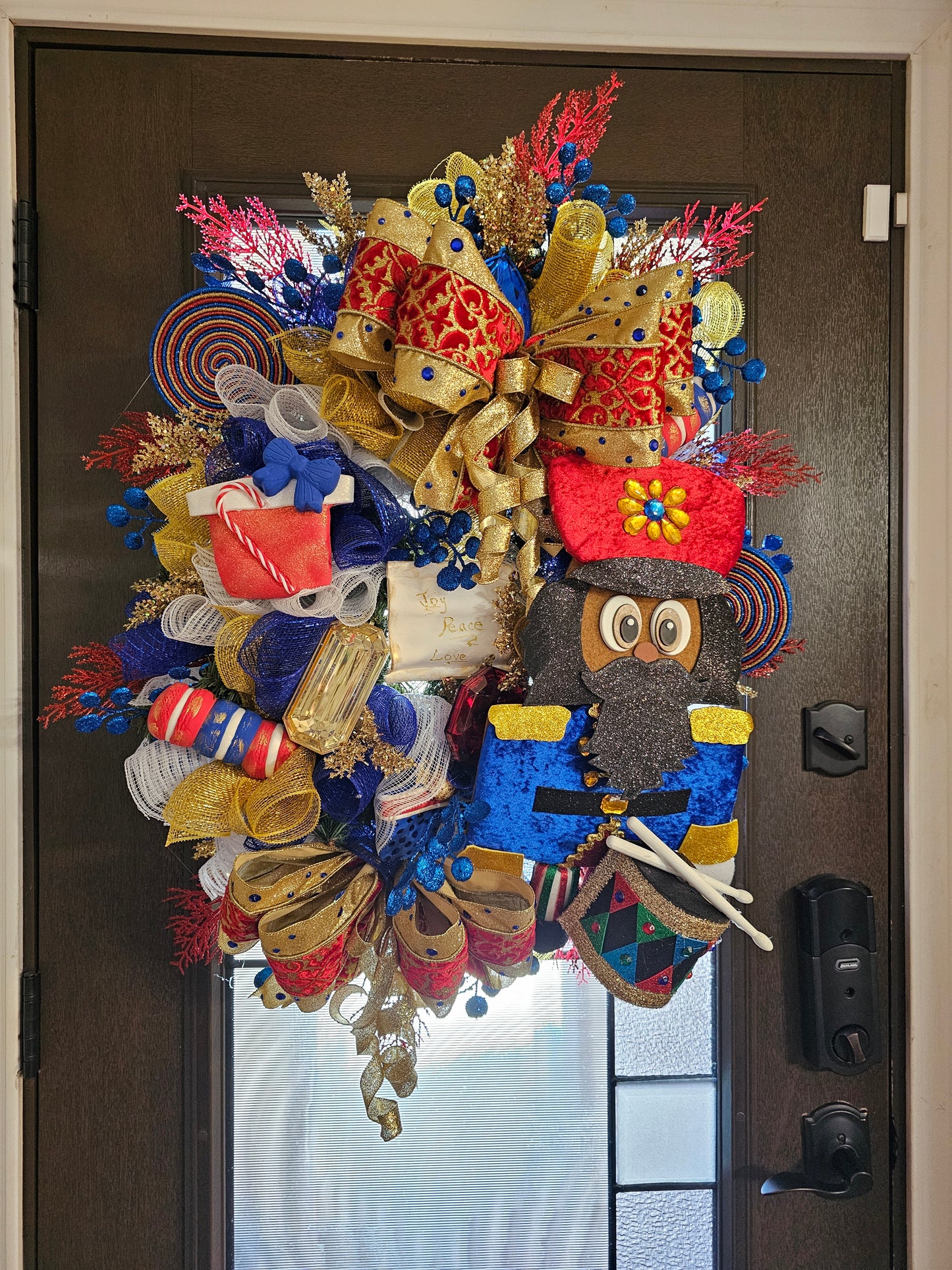 African American Traditional Nutcracker Christmas Wreath – Luxury Red, Royal Blue & Gold Holiday Door Decor