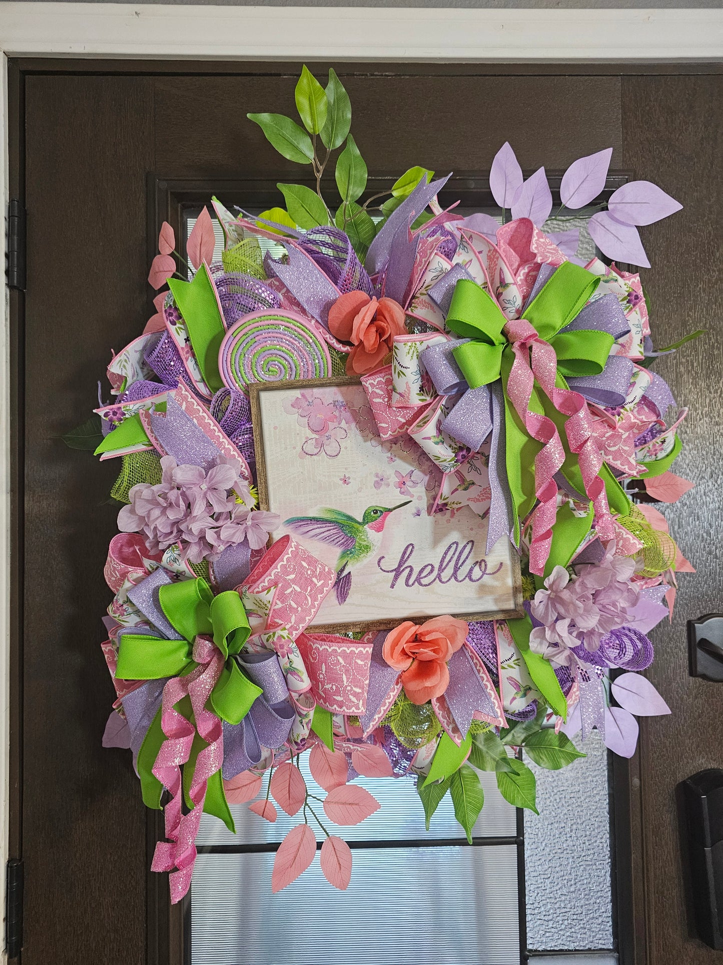 Spring Hummingbird Wreath for Front Door | Pink Purple Green Hello Wreath