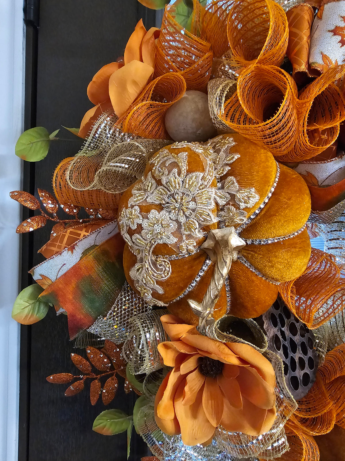 Luxury Harvest Pumpkin Wreath with Custom Designer Bow | Elegant Fall Door Decor