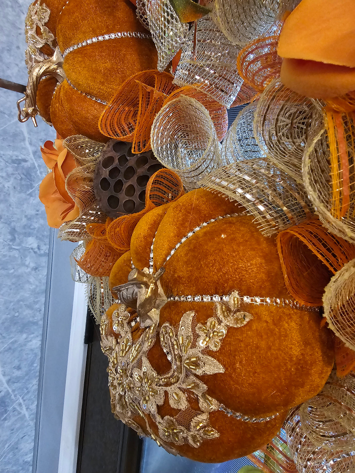 Luxury Harvest Pumpkin Wreath with Custom Designer Bow | Elegant Fall Door Decor