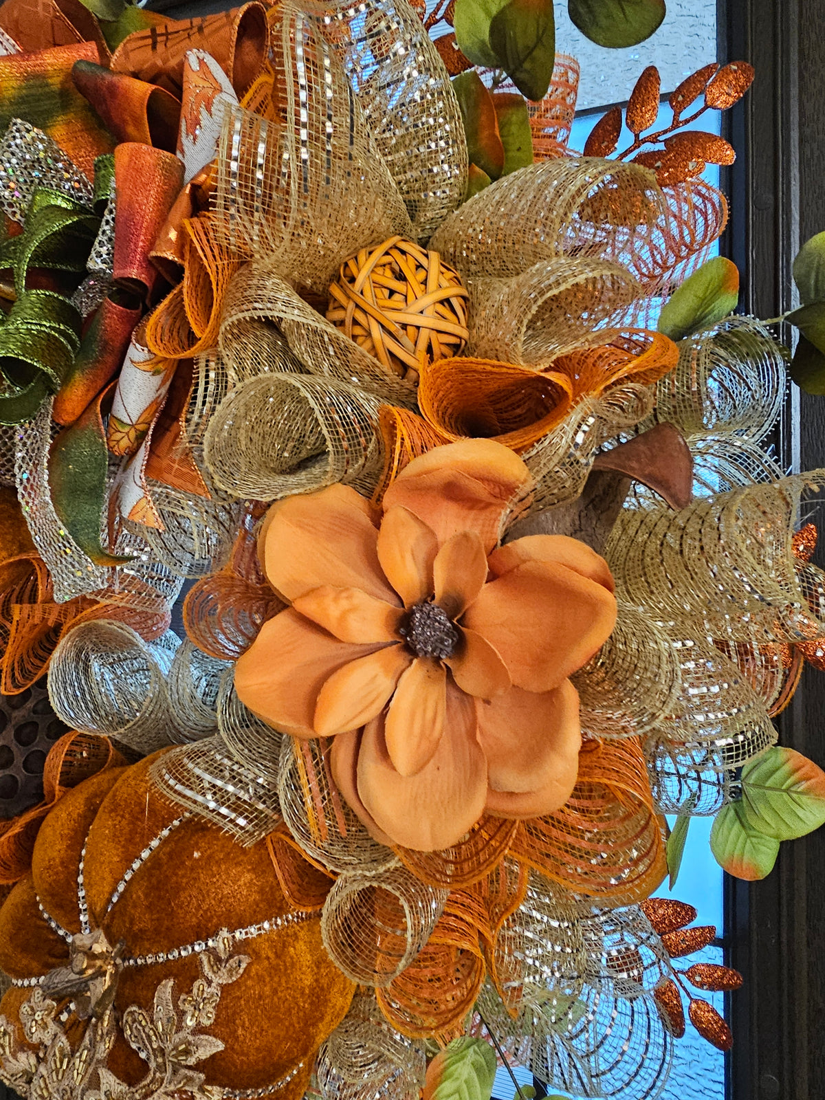 Luxury Harvest Pumpkin Wreath with Custom Designer Bow | Elegant Fall Door Decor