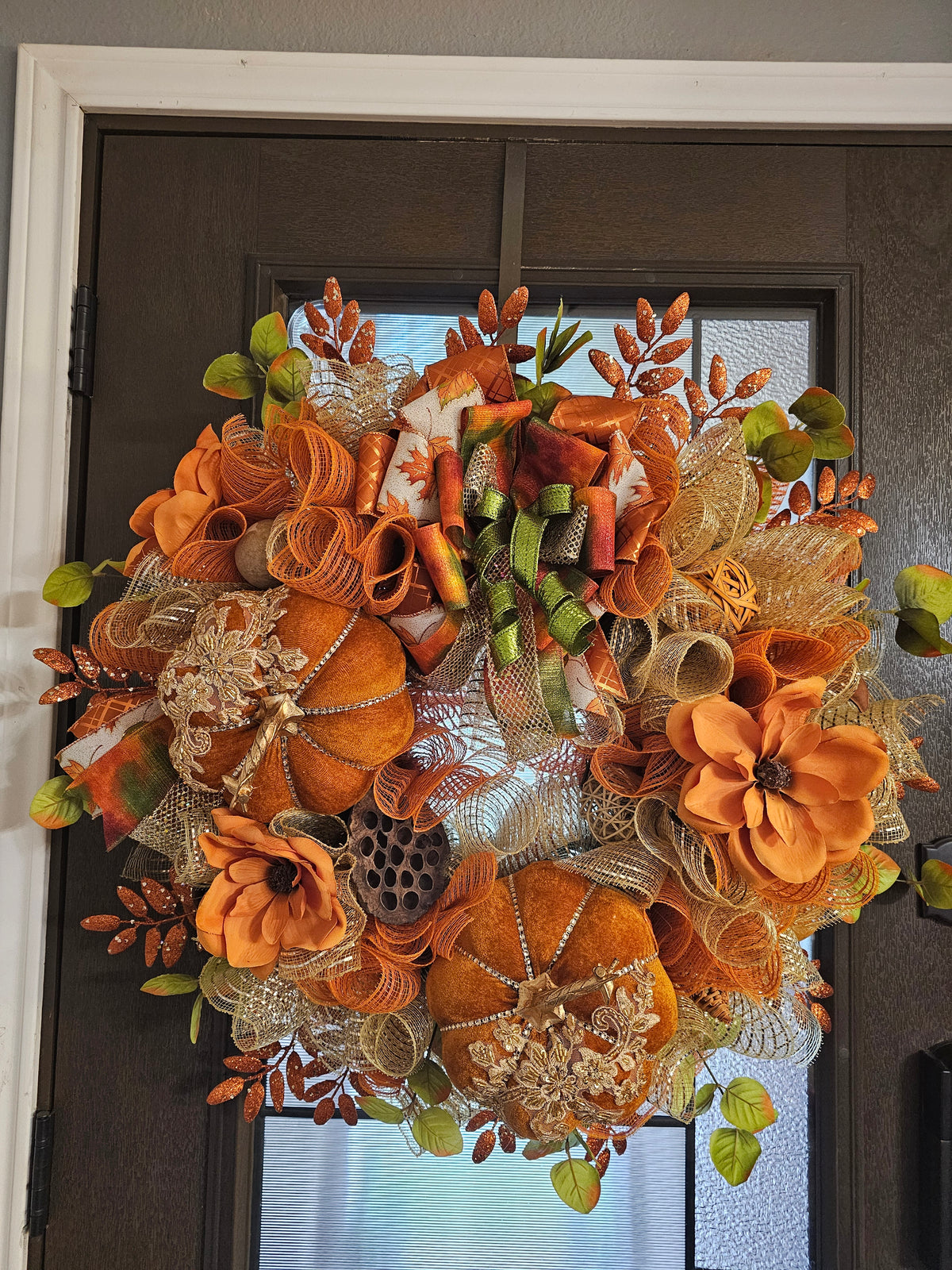Luxury Harvest Pumpkin Wreath with Custom Designer Bow | Elegant Fall Door Decor
