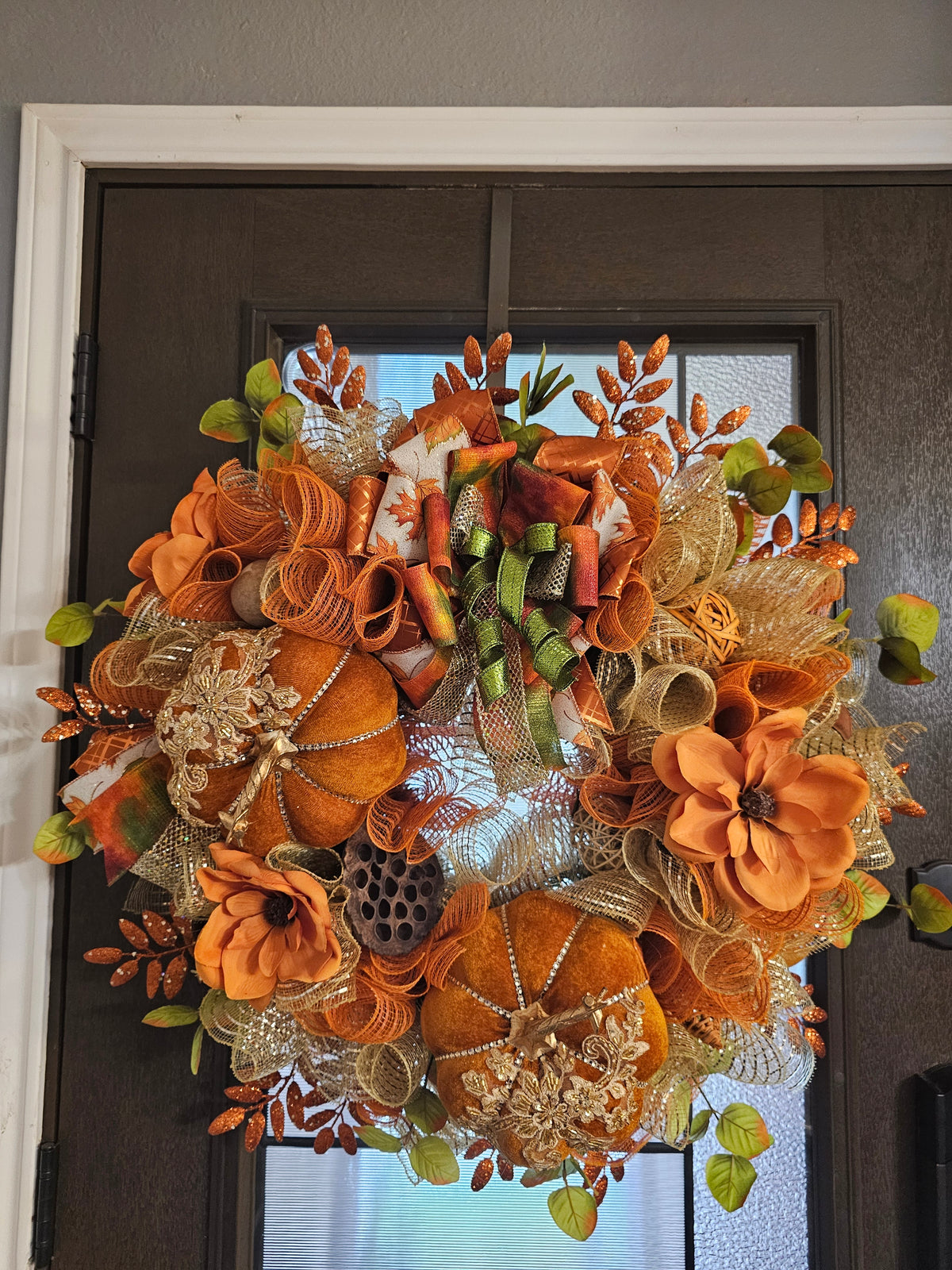 Luxury Harvest Pumpkin Wreath with Custom Designer Bow | Elegant Fall Door Decor