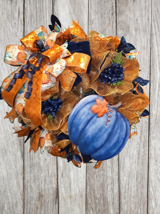 Autumn Glow Blue Pumpkin Wreath