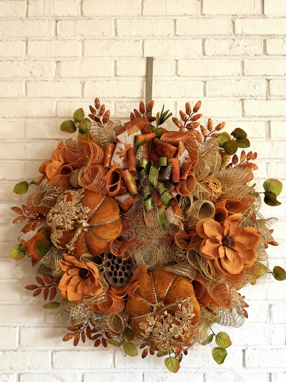 Luxury Harvest Pumpkin Wreath with Custom Designer Bow | Elegant Fall Door Decor
