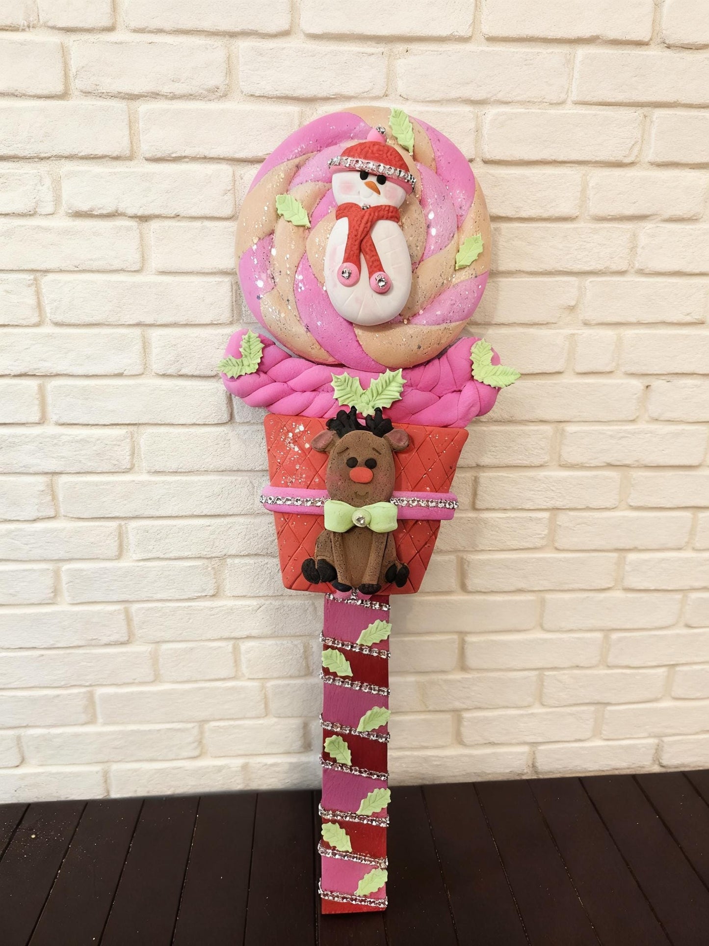 Pink Christmas Lollipop Reindeer Wreath Attachment | Whimsical Candyland Holiday Decor
