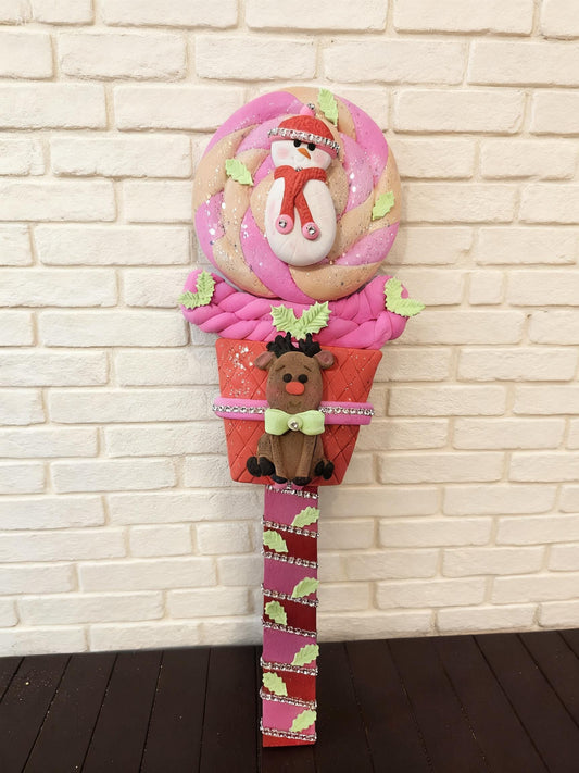 Pink Christmas Lollipop Reindeer Wreath Attachment | Whimsical Candyland Holiday Decor