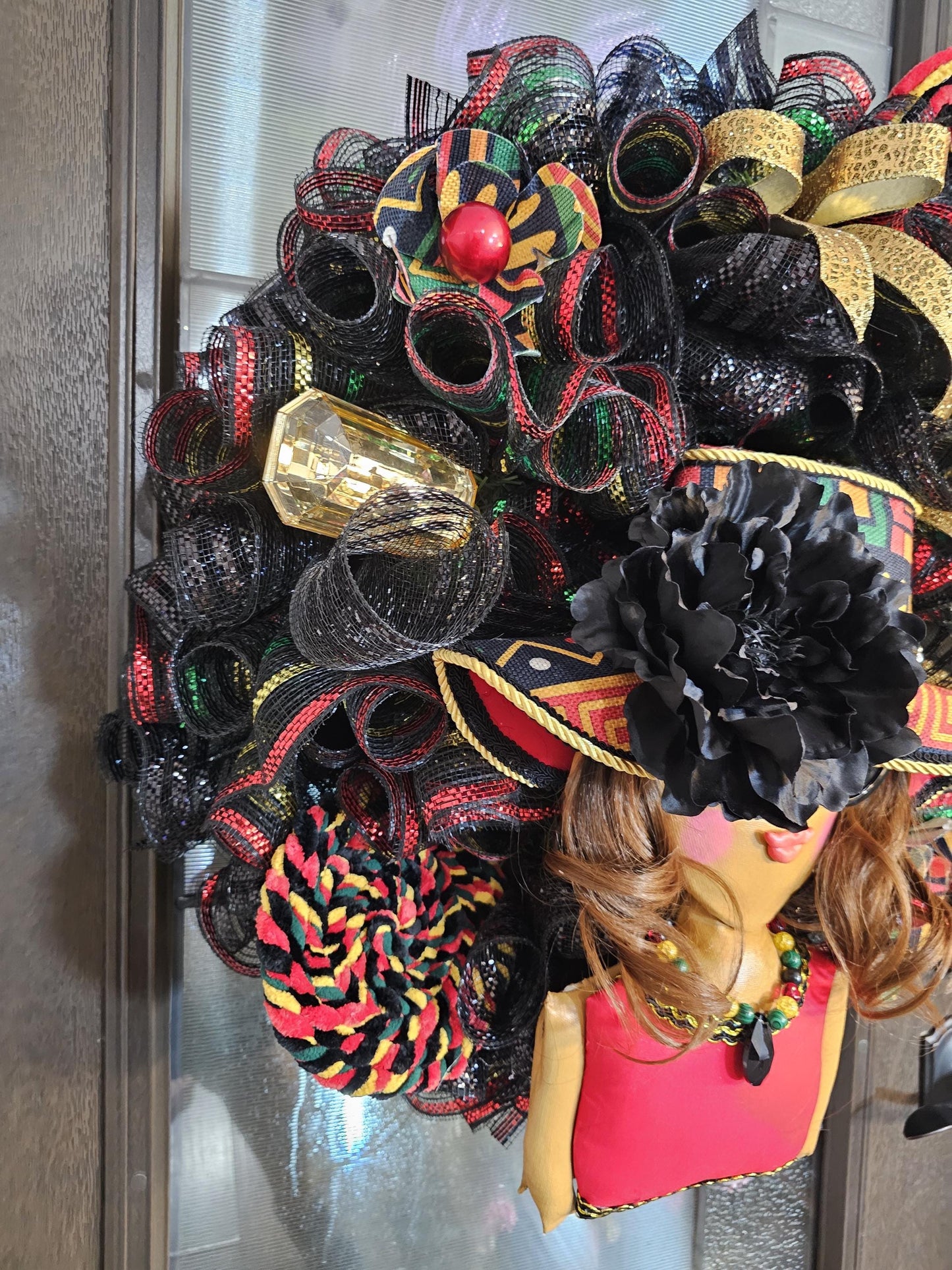 African Inspired Glam Wreath | Cultural Elegance Front Door Decor | Afrocentric Mesh Wreath | Black Girl Luxury Decor | Year-Round Statement