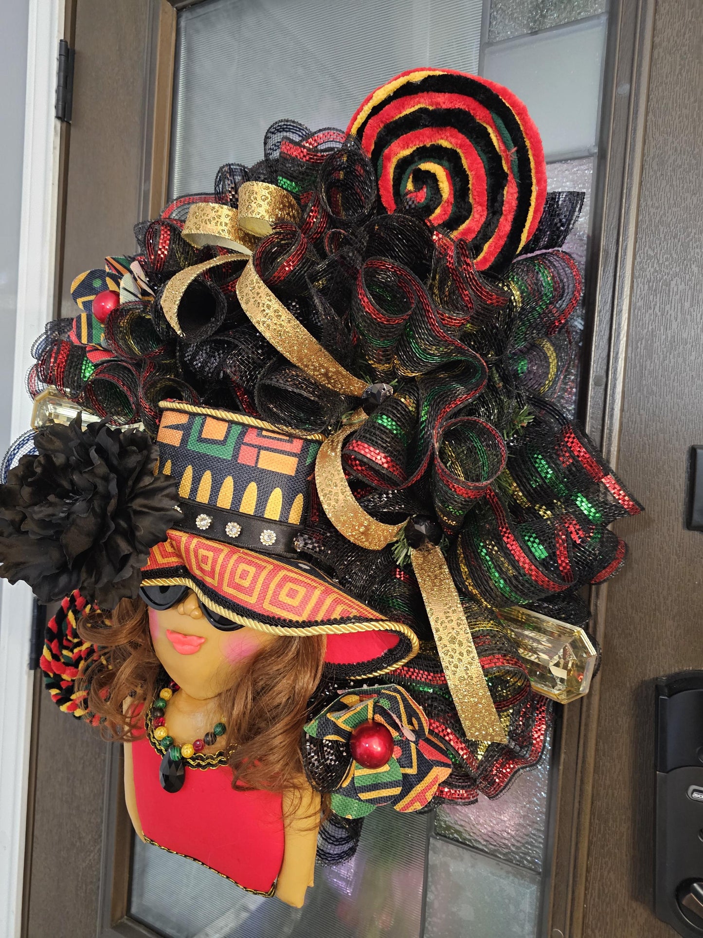 African Inspired Glam Wreath | Cultural Elegance Front Door Decor | Afrocentric Mesh Wreath | Black Girl Luxury Decor | Year-Round Statement