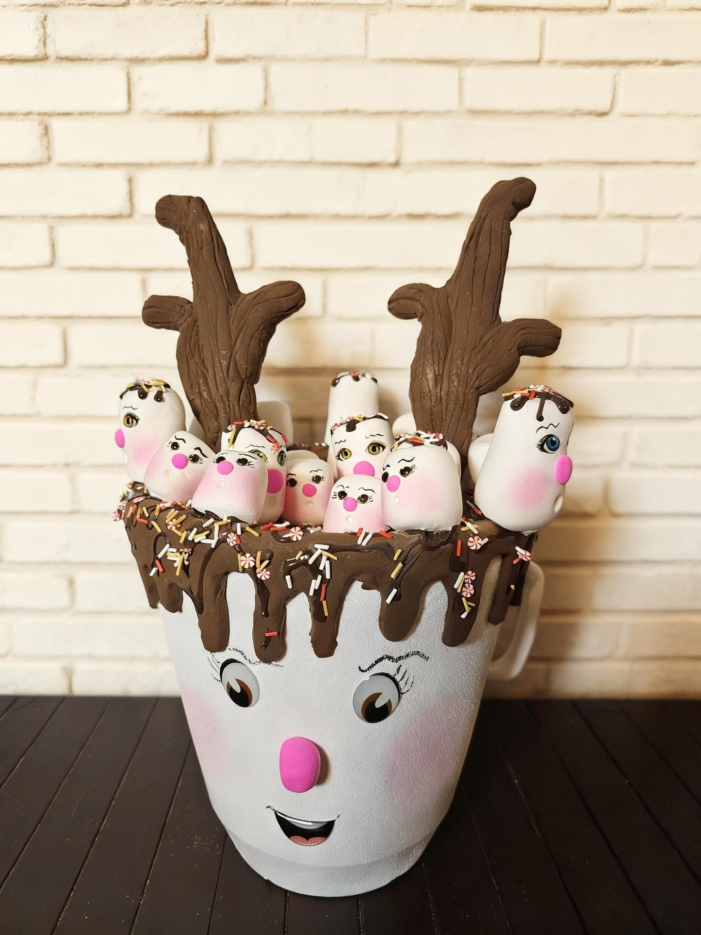 Whimsical Hot Cocoa Mug Decor | Marshmallow Christmas Centerpiece, Candy Cane Table Accent
