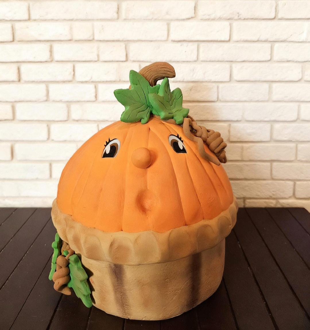 Handcrafted Clay Pumpkin Pie Sculpture | Whimsical Fall Folk Art Centerpiece