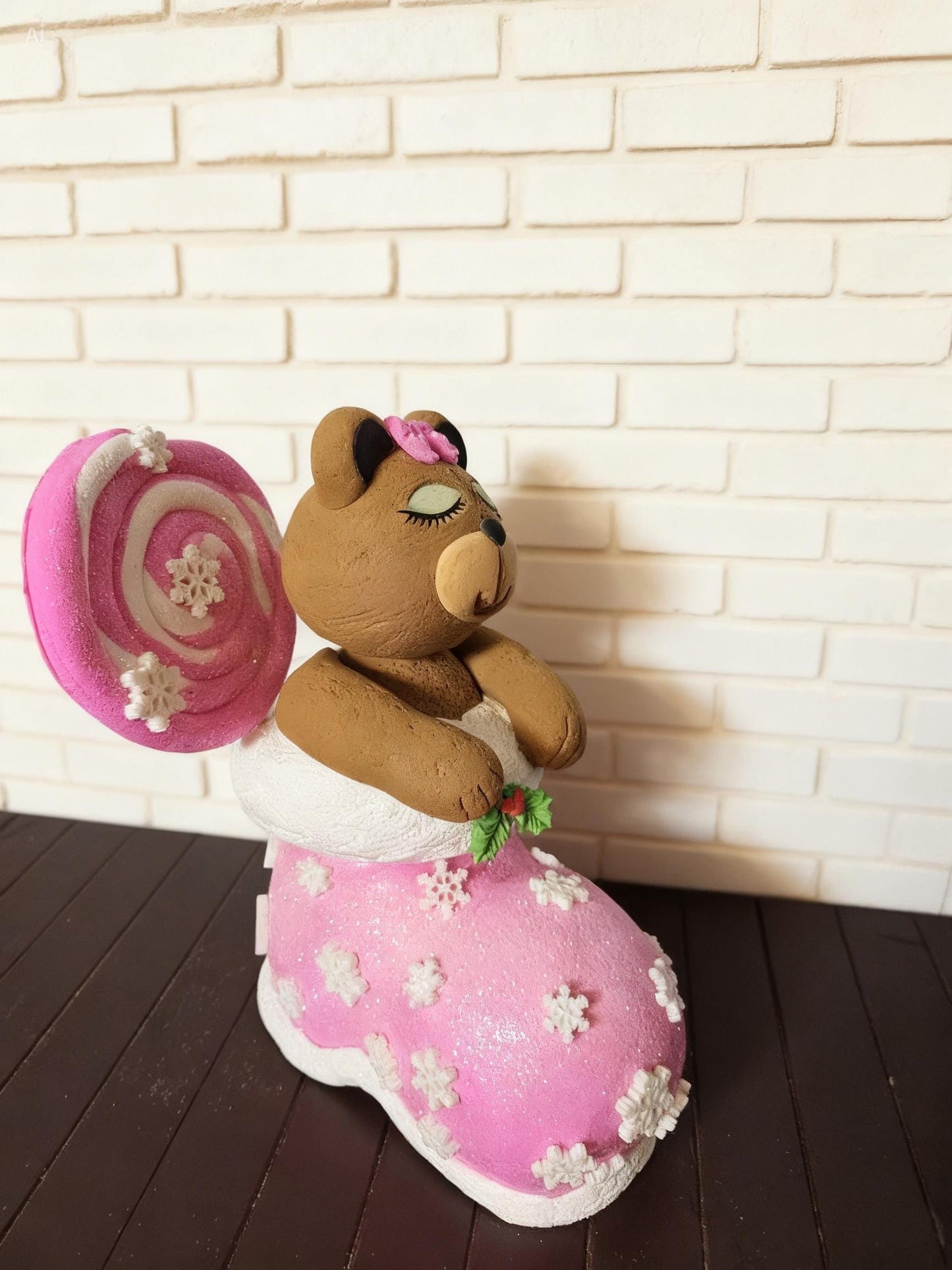 Pink Bear Boot Christmas Decor | Whimsical Holiday Wreath Attachment, Candyland Accent