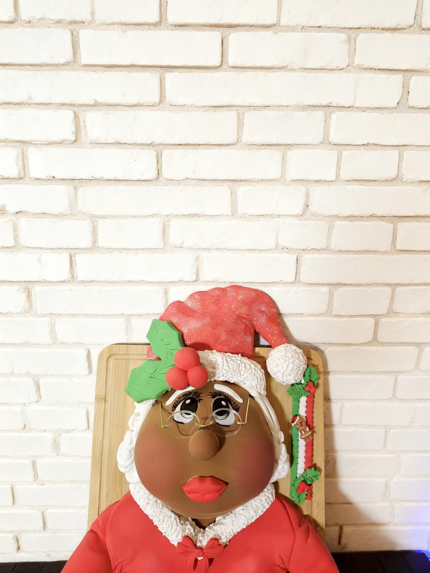 PRE-ORDER: Mrs. Claus Christmas Kitchen Décor – Handmade Clay Holiday Baker on Wooden Cutting Board with Rolling Pin