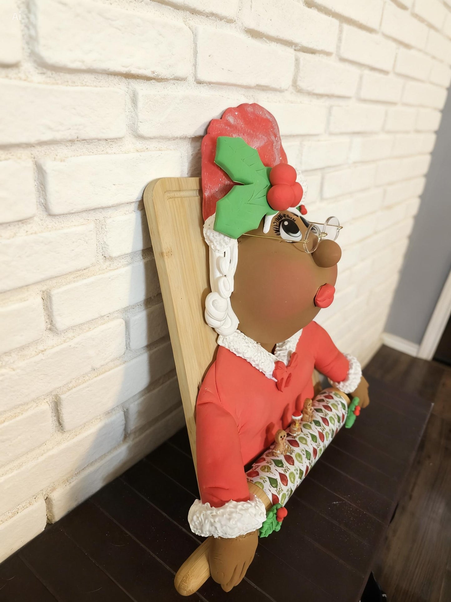 PRE-ORDER: Mrs. Claus Christmas Kitchen Décor – Handmade Clay Holiday Baker on Wooden Cutting Board with Rolling Pin