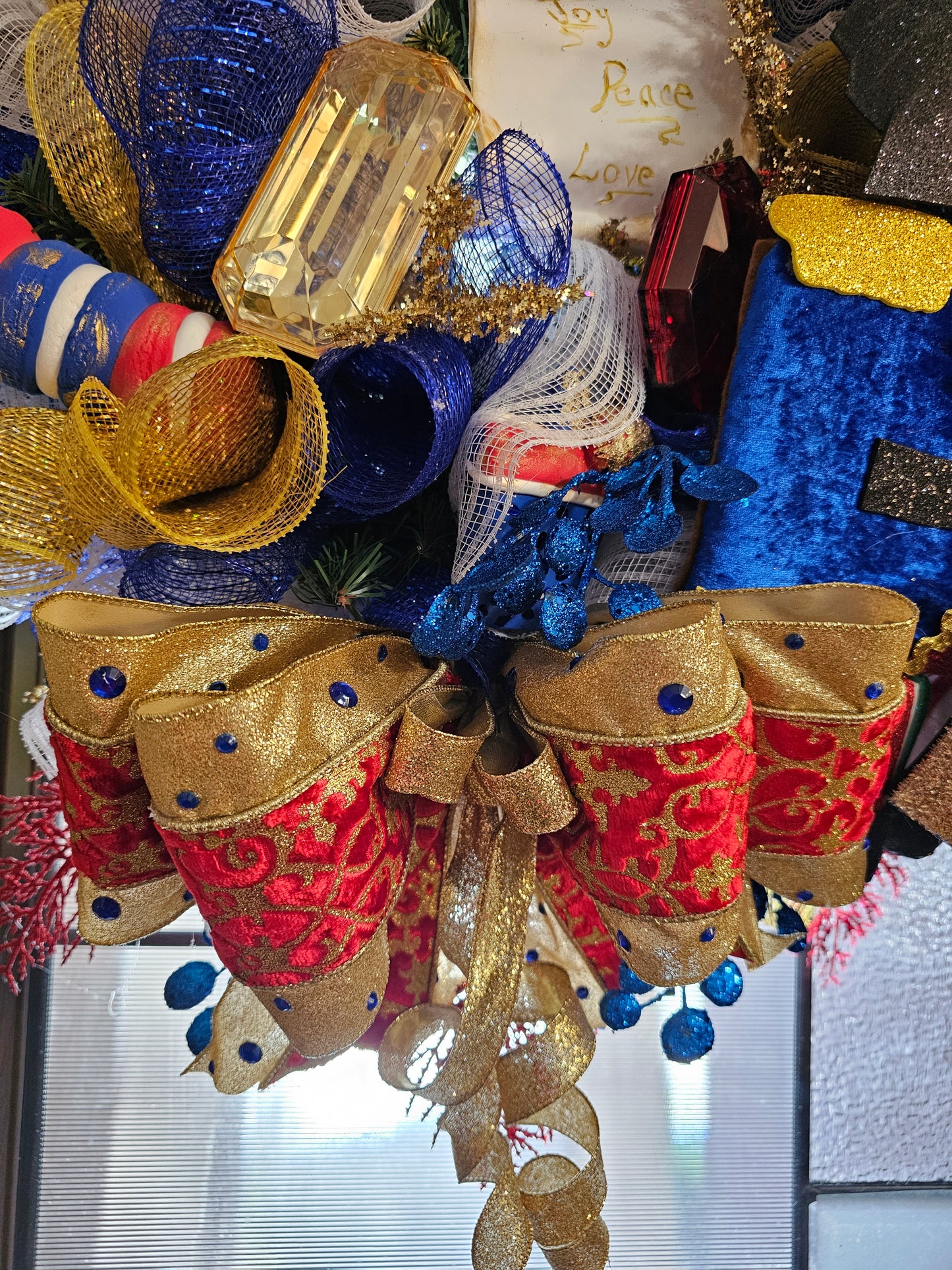 African American Traditional Nutcracker Christmas Wreath – Luxury Red, Royal Blue & Gold Holiday Door Decor