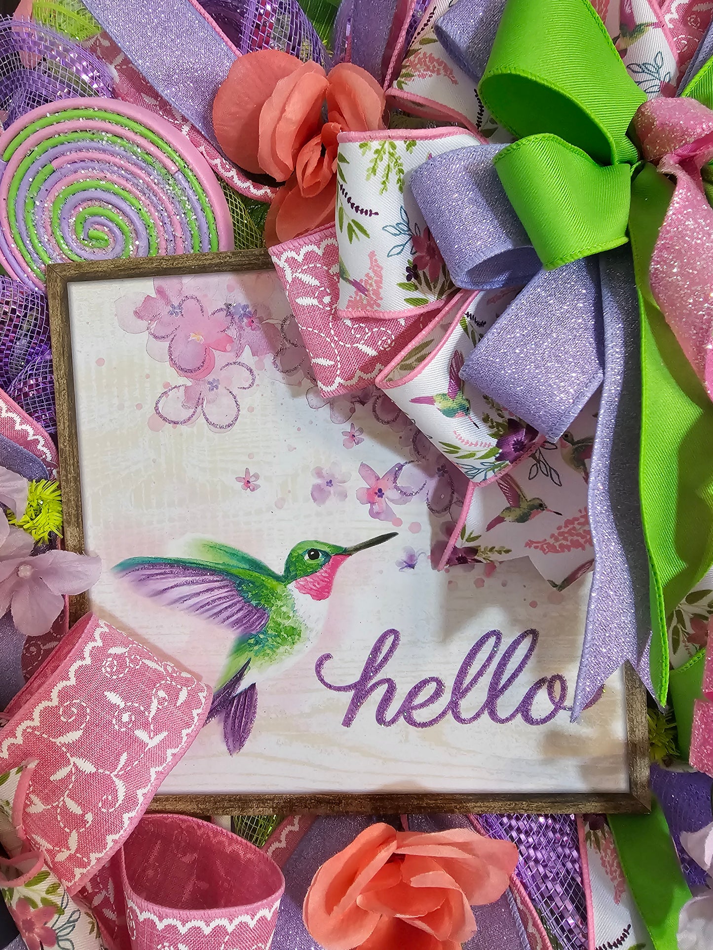 Spring Hummingbird Wreath for Front Door | Pink Purple Green Hello Wreath