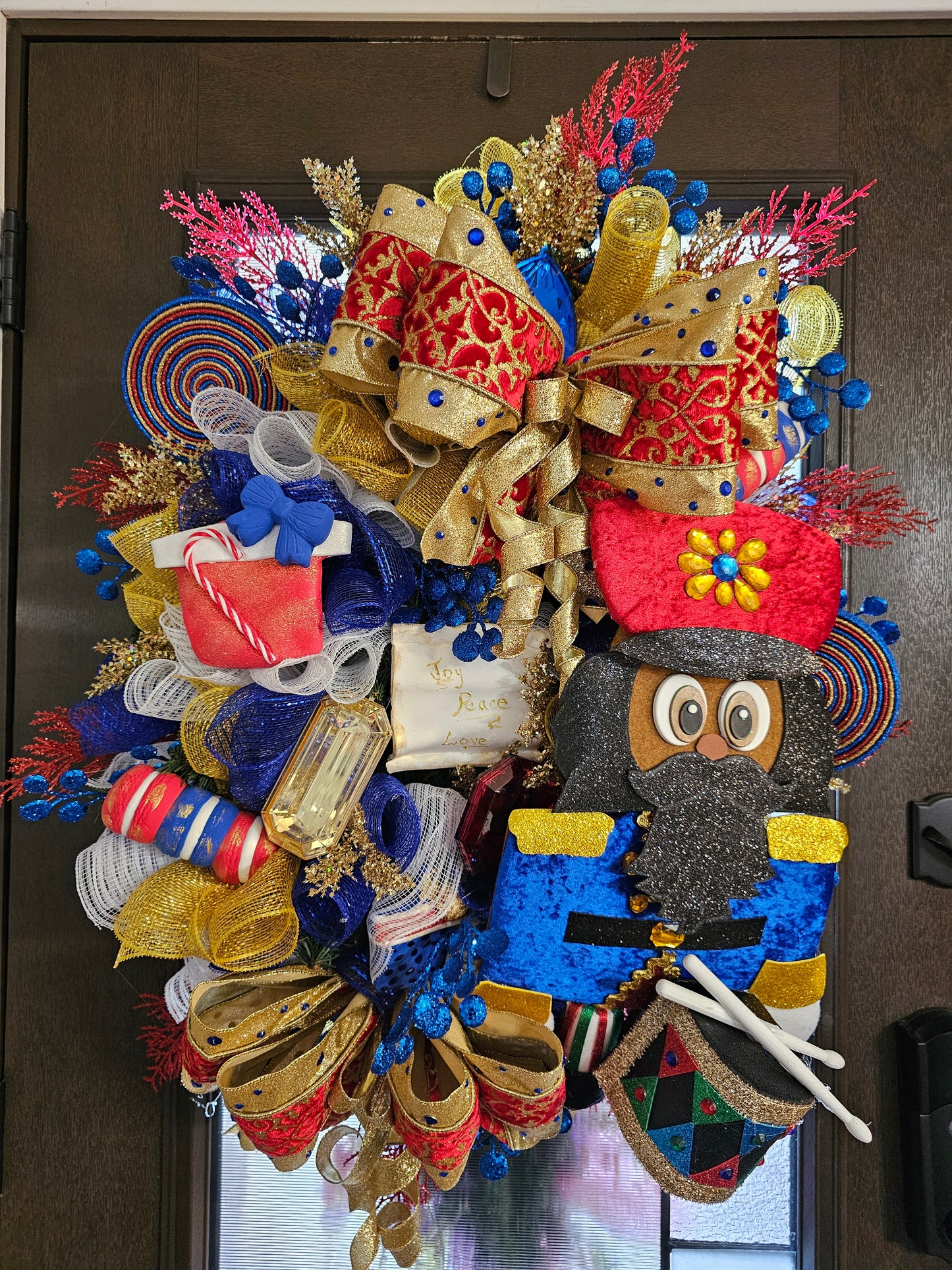 African American Traditional Nutcracker Christmas Wreath – Luxury Red, Royal Blue & Gold Holiday Door Decor