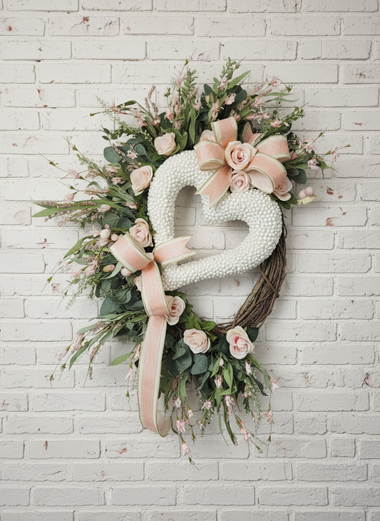 Pearl Heart Floral Grapevine – Elegant Year-Round Front Door & Interior Wall Art
