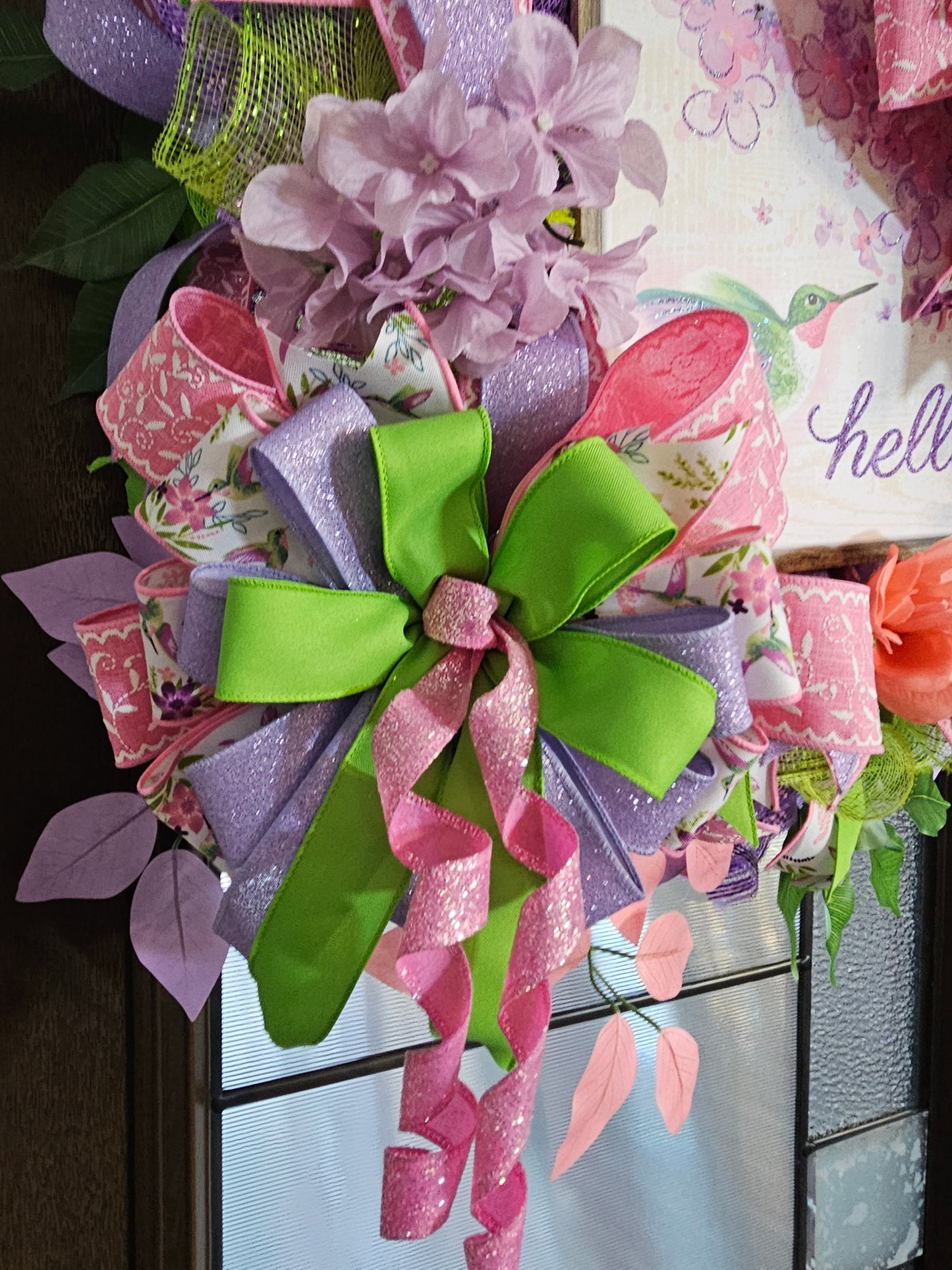 Spring Hummingbird Wreath for Front Door | Pink Purple Green Hello Wreath