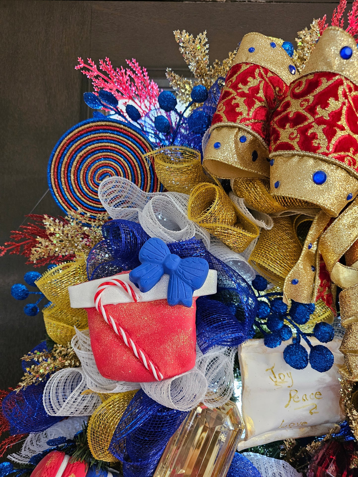 African American Traditional Nutcracker Christmas Wreath – Luxury Red, Royal Blue & Gold Holiday Door Decor