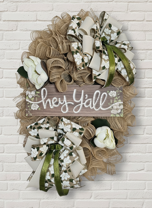 Hey Y’all Everyday Wreath – Neutral Farmhouse Door Décor with Burlap Mesh and Magnolia Florals