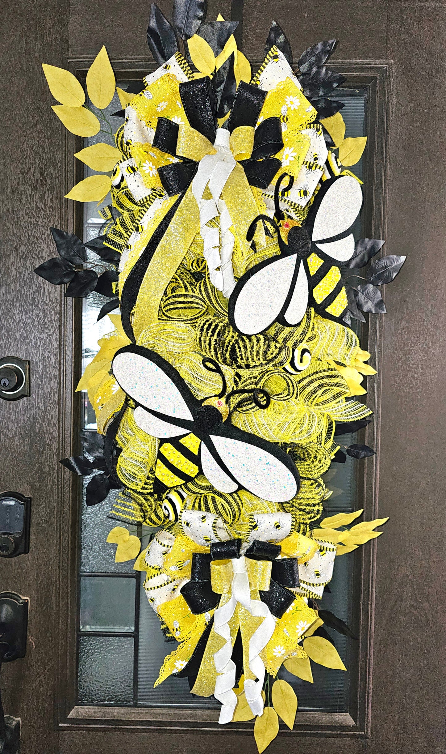 Queen Bee Swag Front Door Decor – Handcrafted Black, Yellow and White Bee Door Hanger