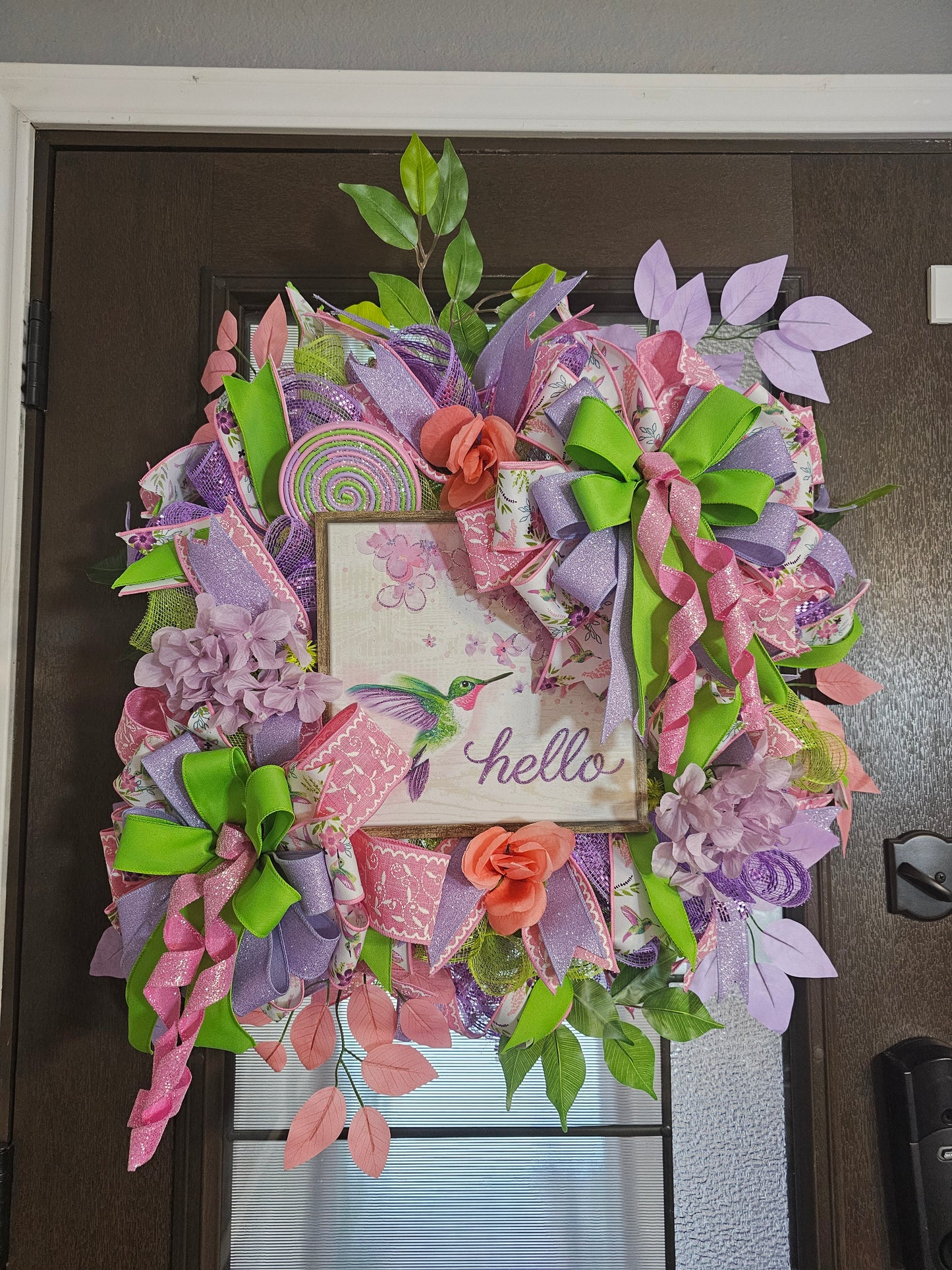 Spring Hummingbird Wreath for Front Door | Pink Purple Green Hello Wreath