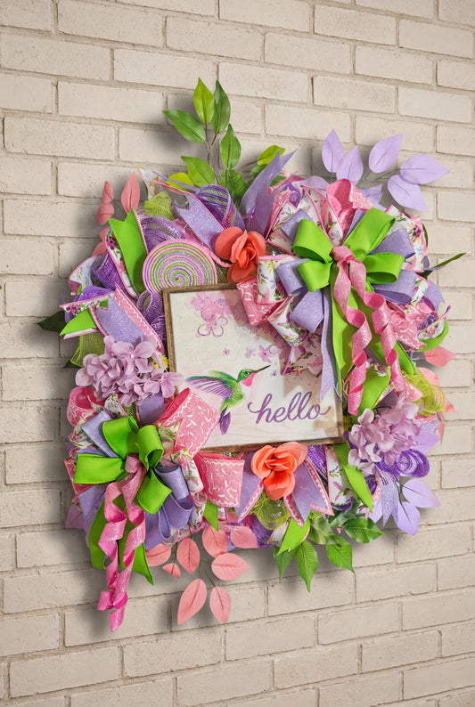 Spring Hummingbird Wreath for Front Door | Pink Purple Green Hello Wreath