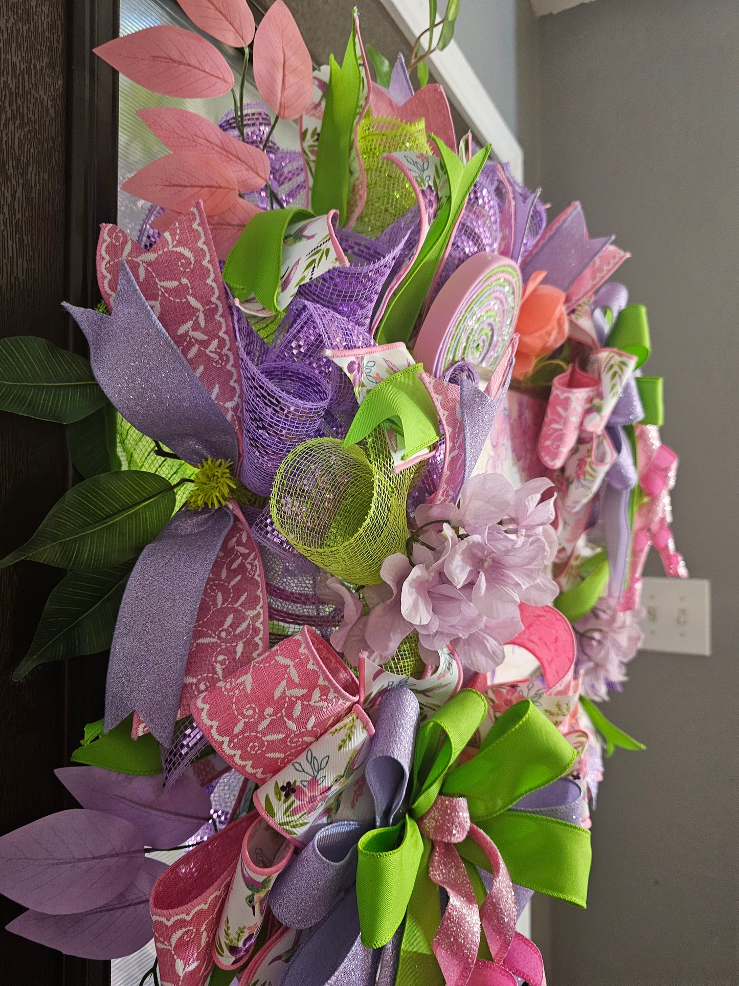Spring Hummingbird Wreath for Front Door | Pink Purple Green Hello Wreath
