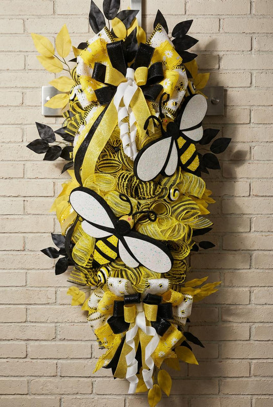 Queen Bee Swag Front Door Decor – Handcrafted Black, Yellow and White Bee Door Hanger