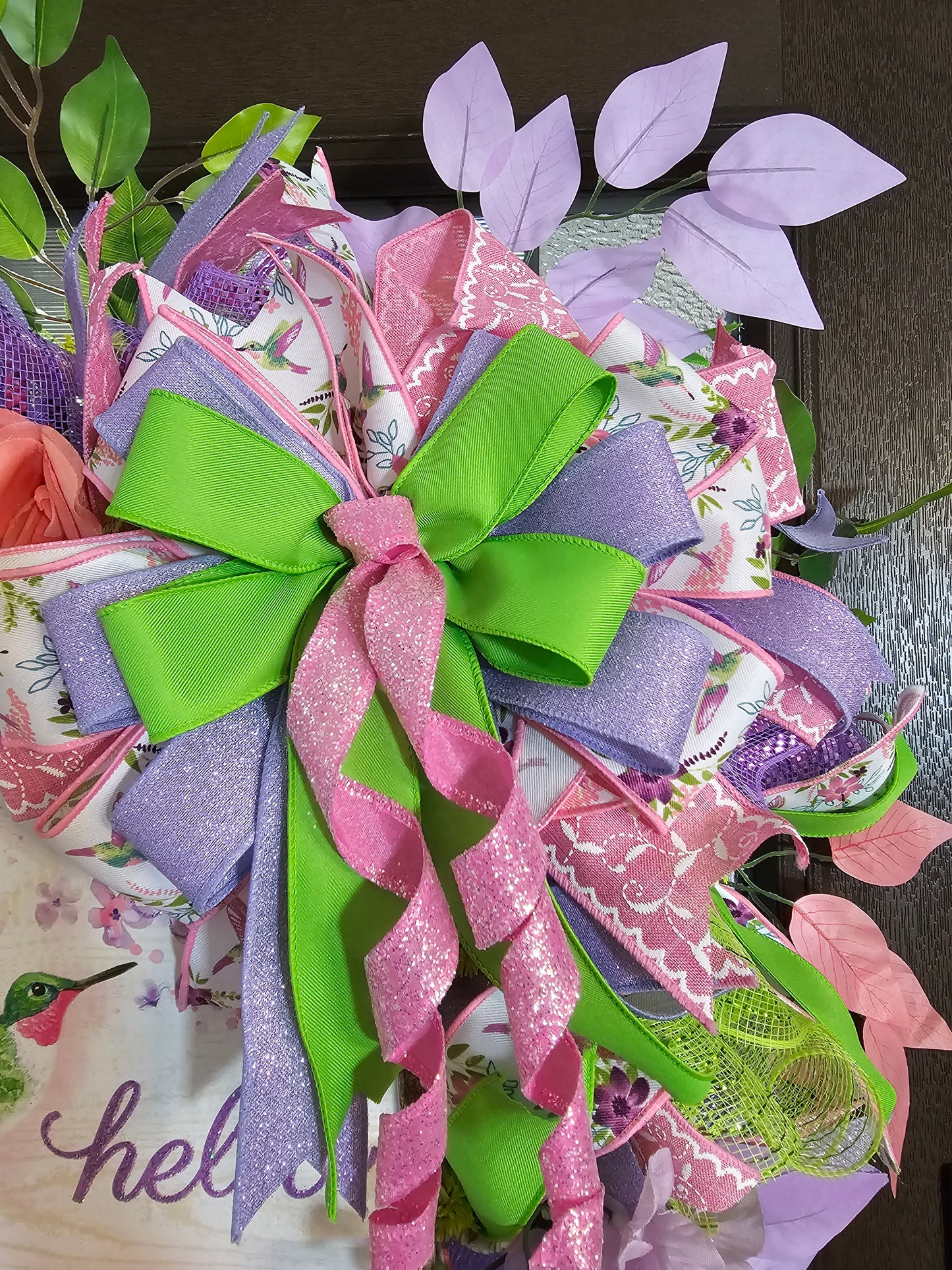 Spring Hummingbird Wreath for Front Door | Pink Purple Green Hello Wreath