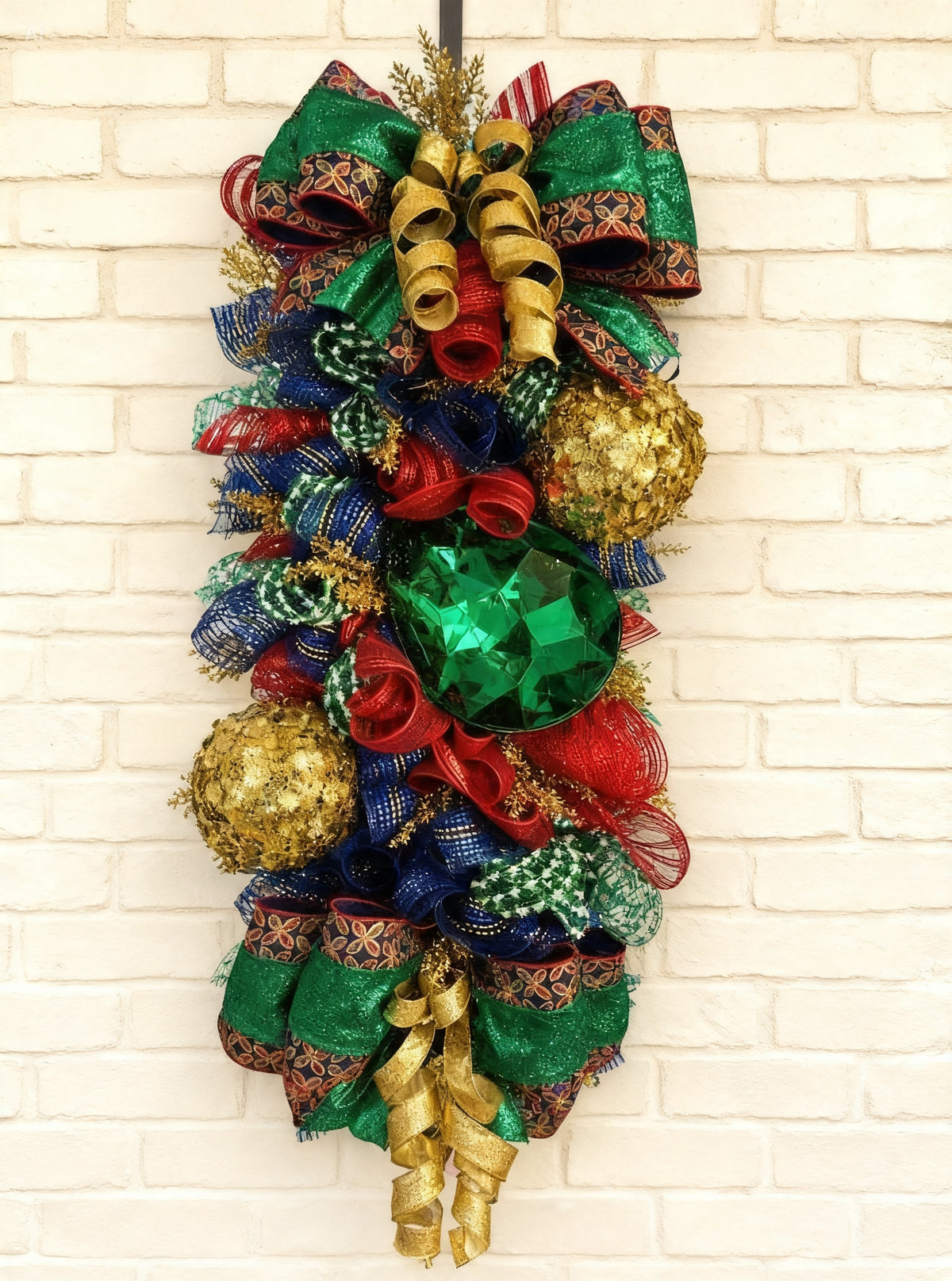 Luxury Jewel-Tone Christmas Swag with Oversized Ornaments & Custom Designer Bow