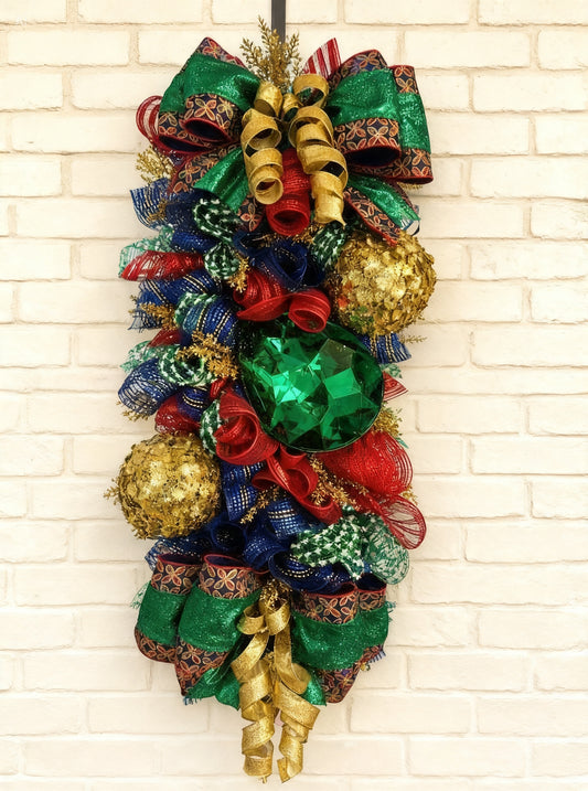 Luxury Jewel-Tone Christmas Swag with Oversized Ornaments & Custom Designer Bow