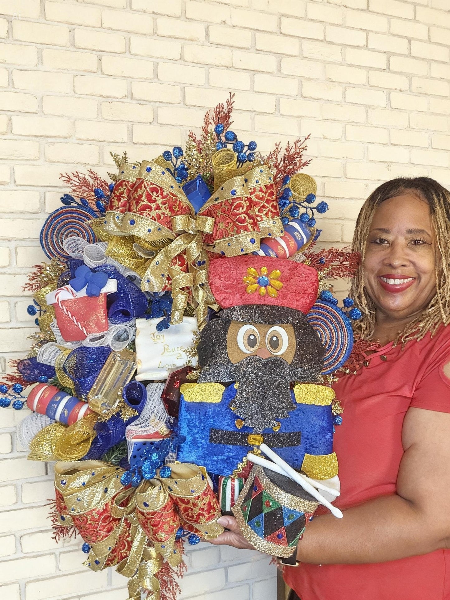 African American Traditional Nutcracker Christmas Wreath – Luxury Red, Royal Blue & Gold Holiday Door Decor