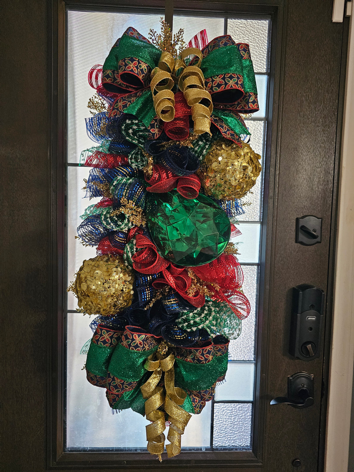 Luxury Jewel-Tone Christmas Swag with Oversized Ornaments & Custom Designer Bow