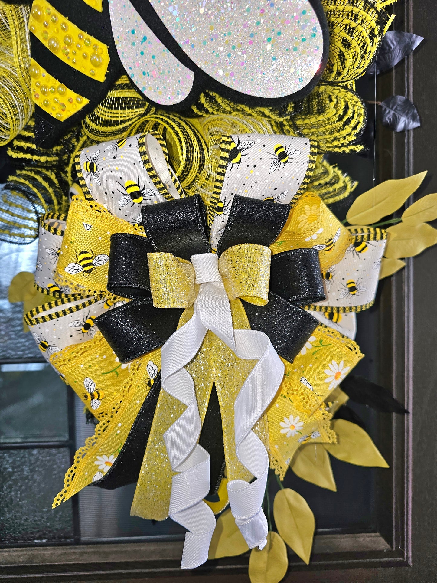 Queen Bee Swag Front Door Decor – Handcrafted Black, Yellow and White Bee Door Hanger