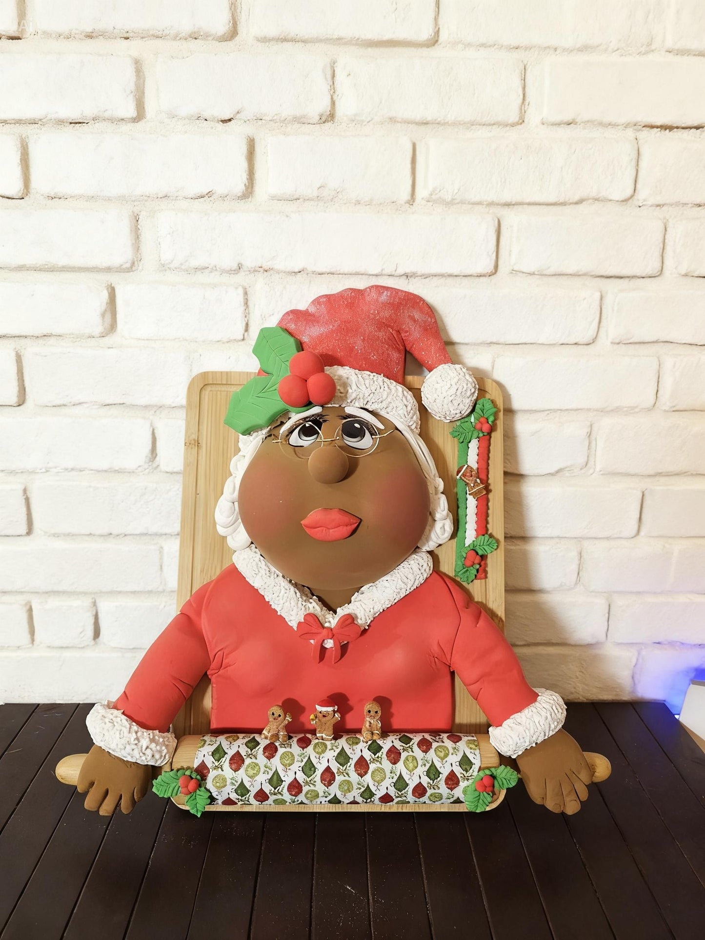 PRE-ORDER: Mrs. Claus Christmas Kitchen Décor – Handmade Clay Holiday Baker on Wooden Cutting Board with Rolling Pin