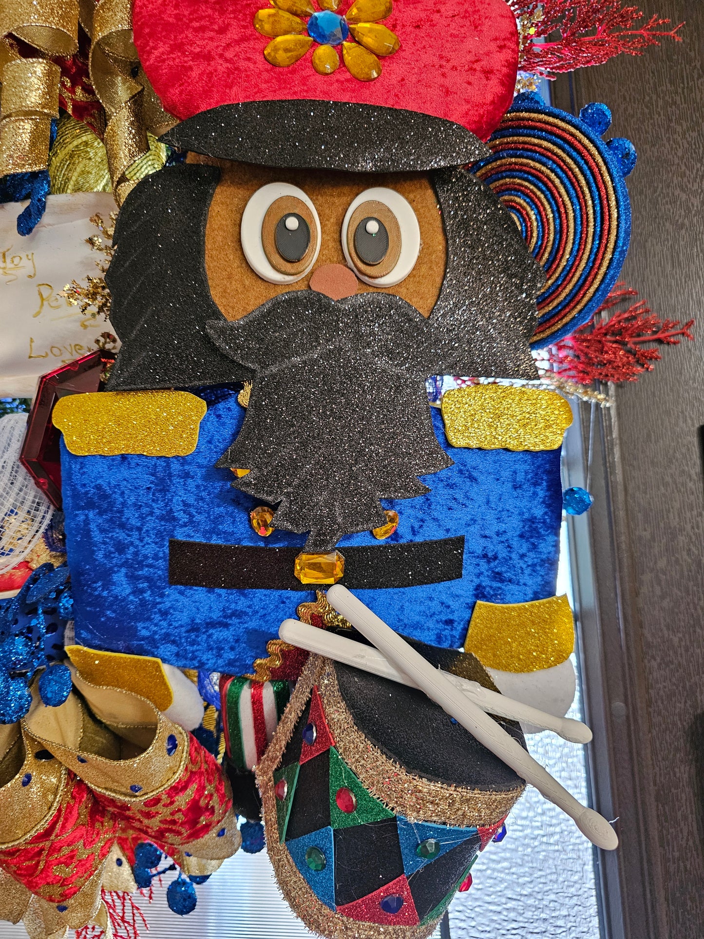 African American Traditional Nutcracker Christmas Wreath – Luxury Red, Royal Blue & Gold Holiday Door Decor