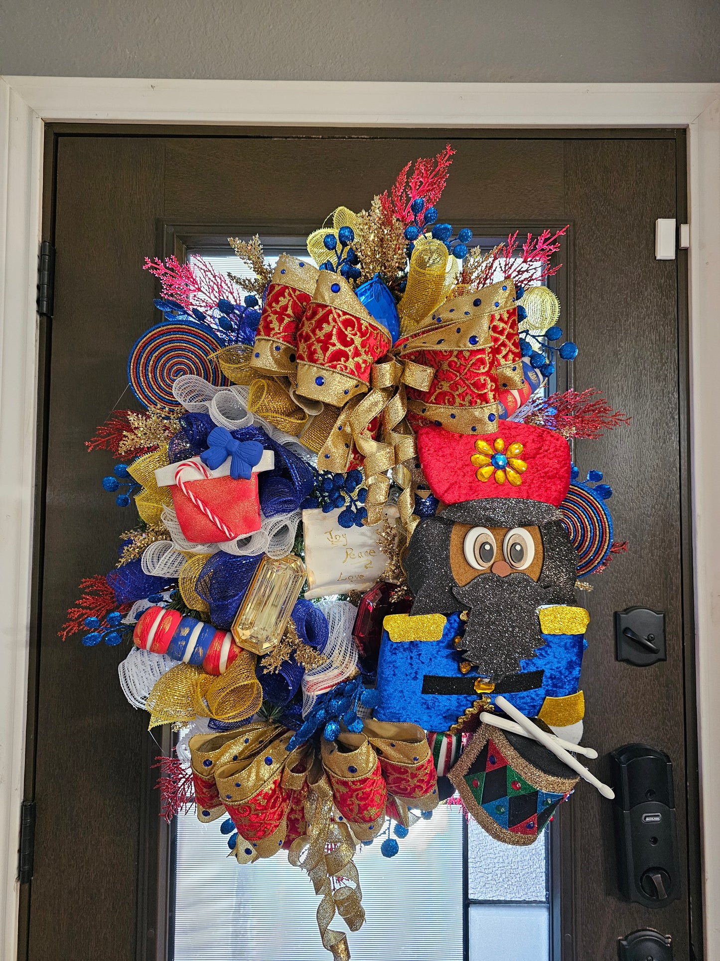 African American Traditional Nutcracker Christmas Wreath – Luxury Red, Royal Blue & Gold Holiday Door Decor