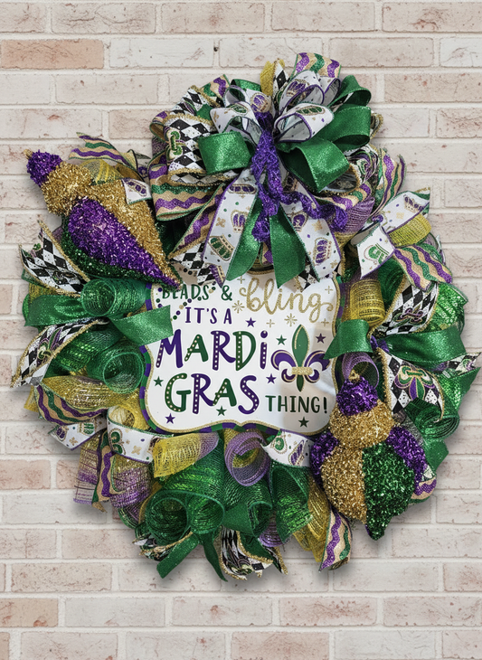 Beads & Bling Mardi Gras Wreath – Festive Purple, Green & Gold Carnival Door Décor