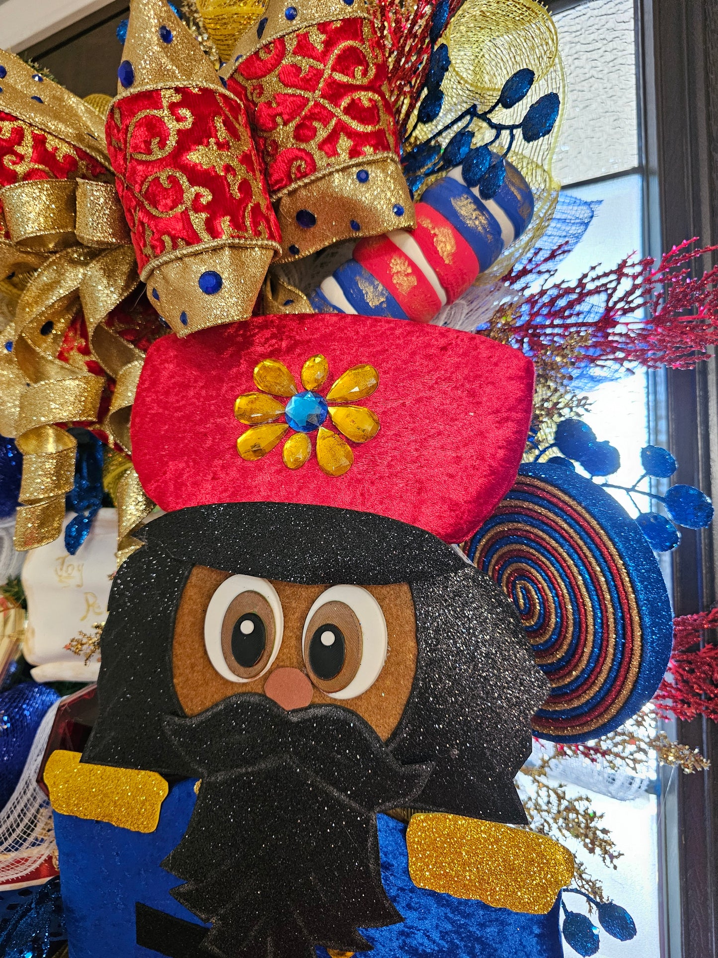 African American Traditional Nutcracker Christmas Wreath – Luxury Red, Royal Blue & Gold Holiday Door Decor