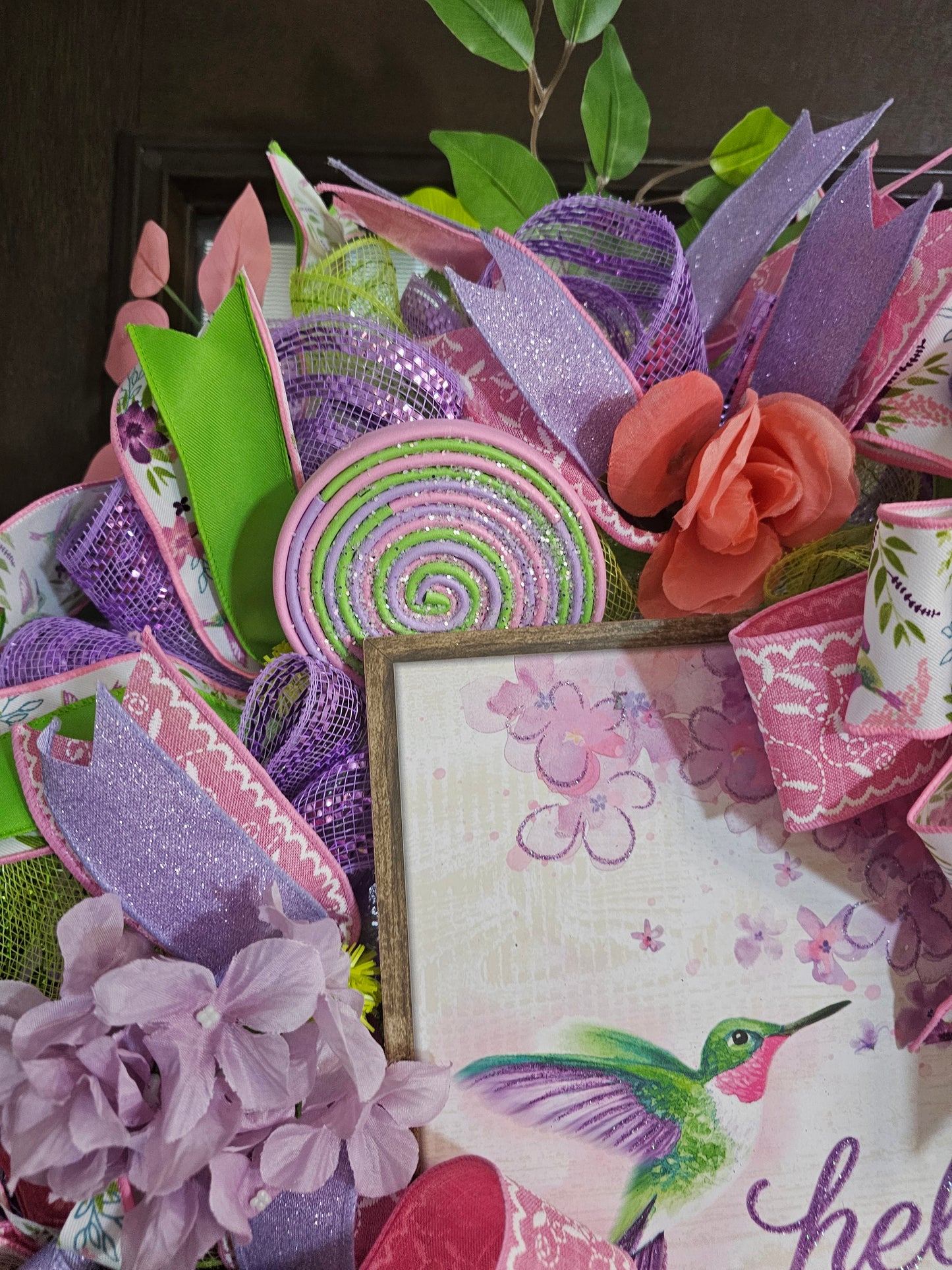Spring Hummingbird Wreath for Front Door | Pink Purple Green Hello Wreath