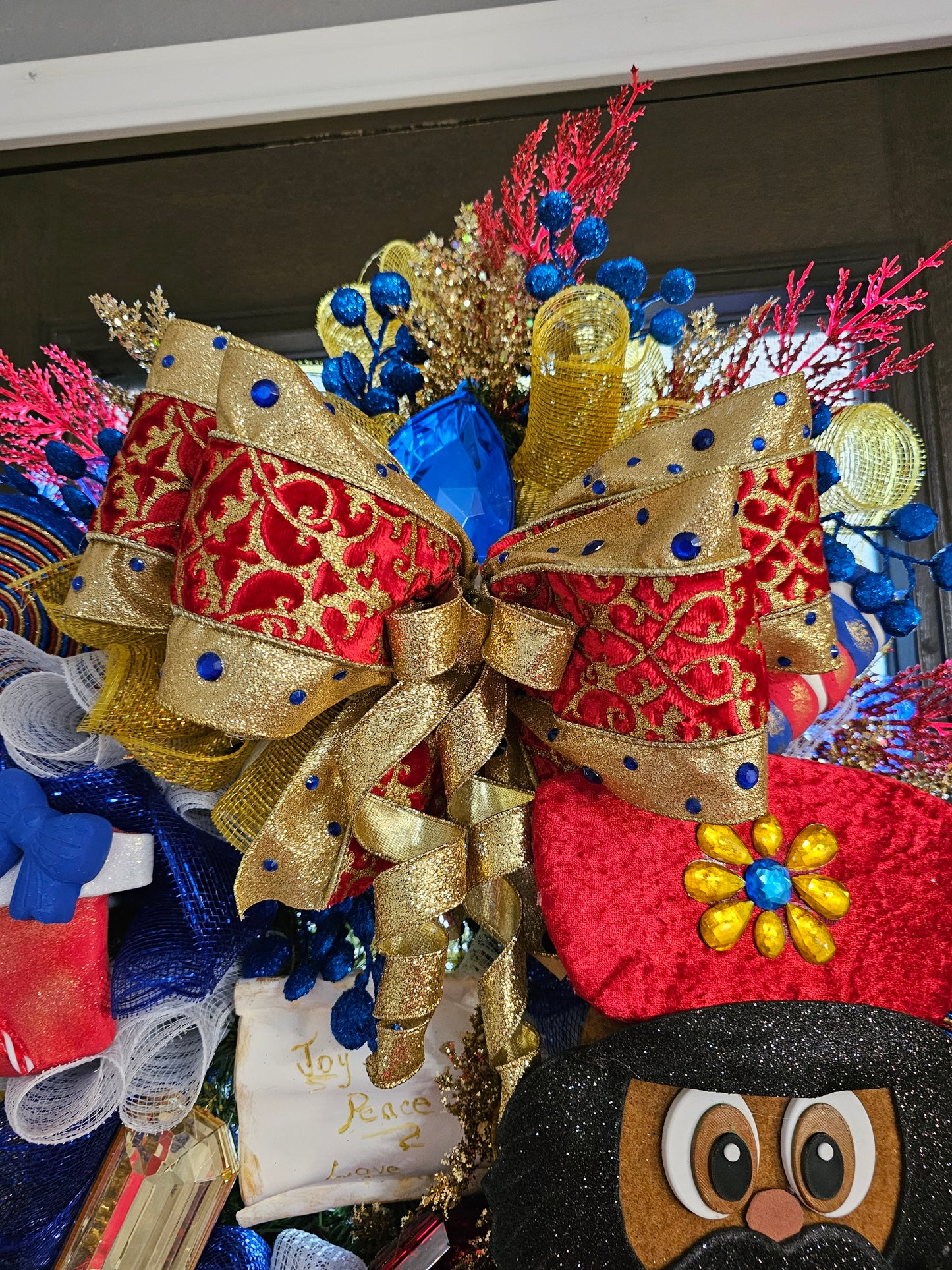 African American Traditional Nutcracker Christmas Wreath – Luxury Red, Royal Blue & Gold Holiday Door Decor