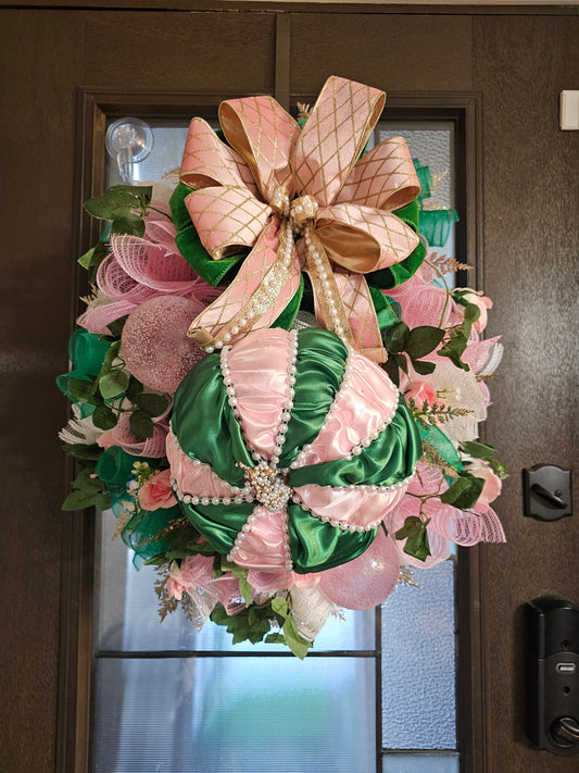 Pink & Kelly Green Jeweled Pumpkin Wreath