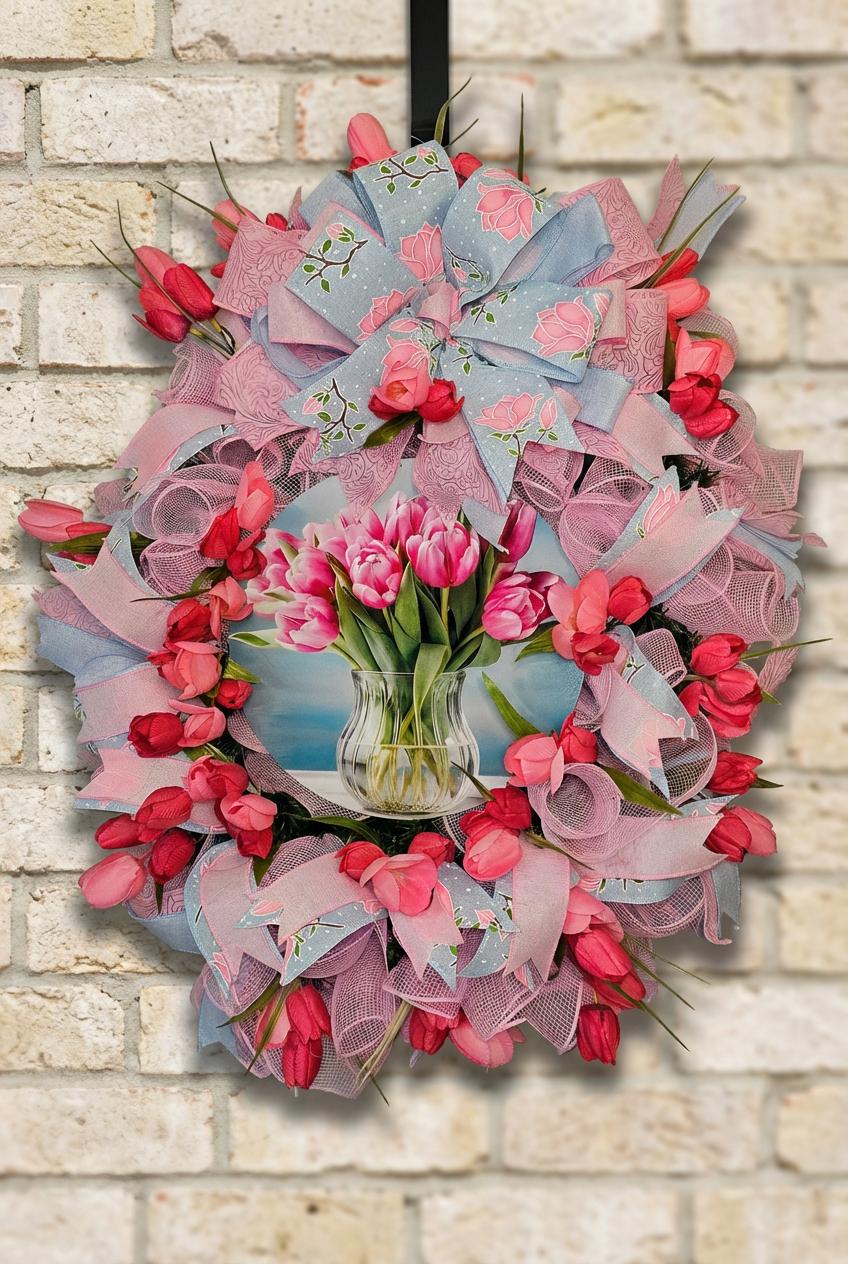 Elegant Pink Tulip Wreath – Luxury Spring Deco Mesh Front Door Wreath with Romantic Floral Design