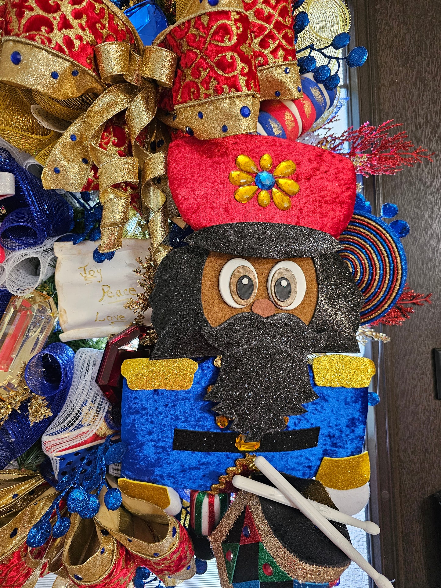 African American Traditional Nutcracker Christmas Wreath – Luxury Red, Royal Blue & Gold Holiday Door Decor
