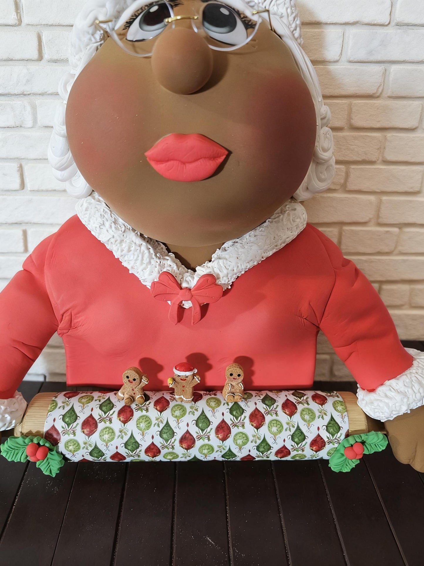 PRE-ORDER: Mrs. Claus Christmas Kitchen Décor – Handmade Clay Holiday Baker on Wooden Cutting Board with Rolling Pin