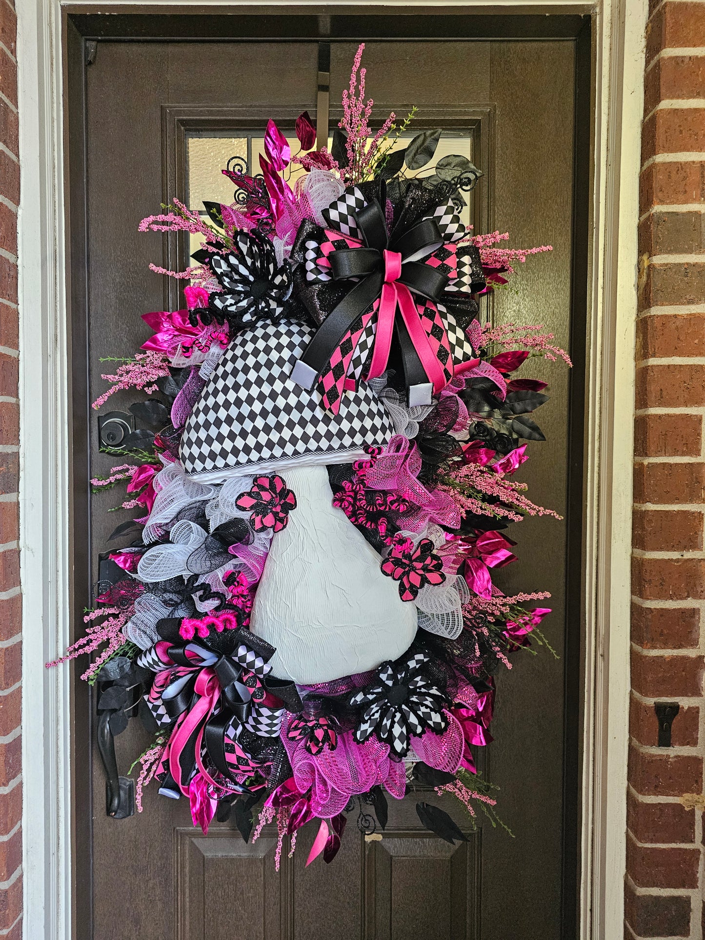 RAFFLE: Whimsical Pink & Black Mushroom Wreath | Luxury Handmade Front Door Decor with Butterflies